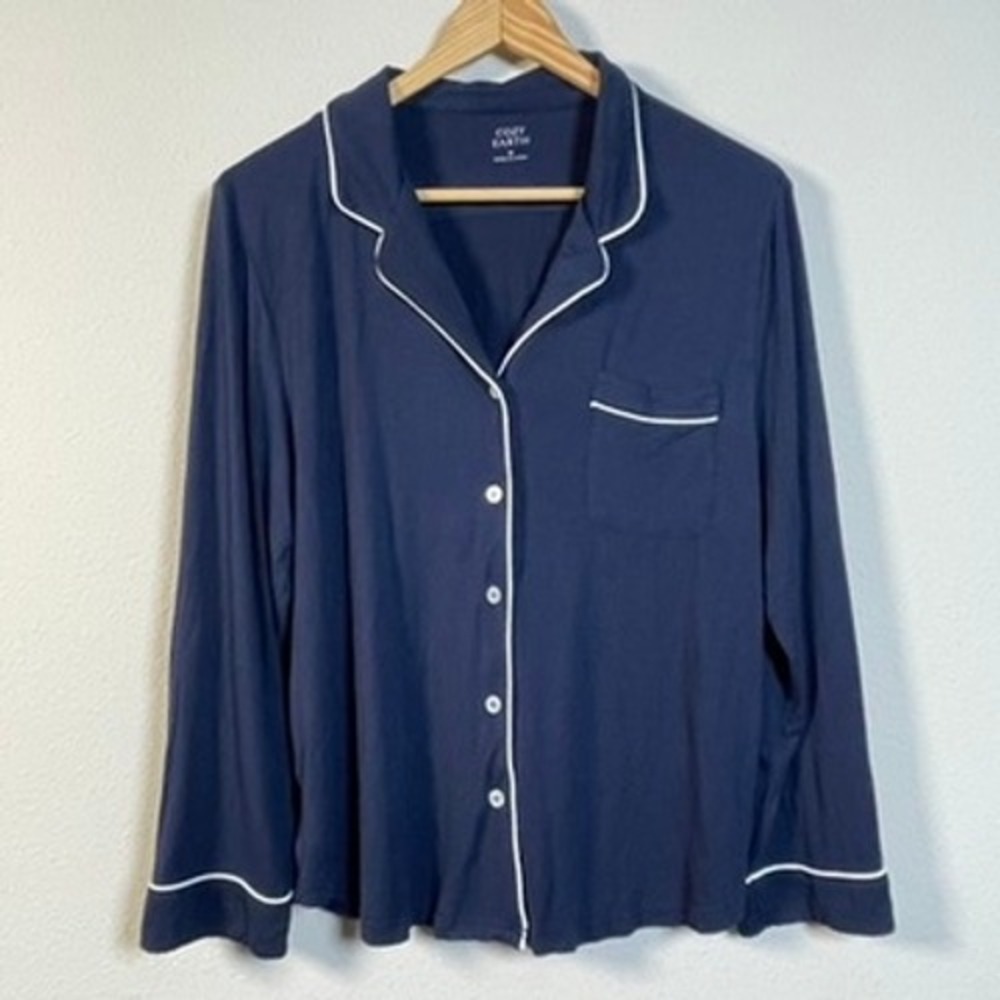 Cozy Earth Pajama Top Womens Medium Navy Blue Bamboo‎ Viscose Long Sleeve Piping